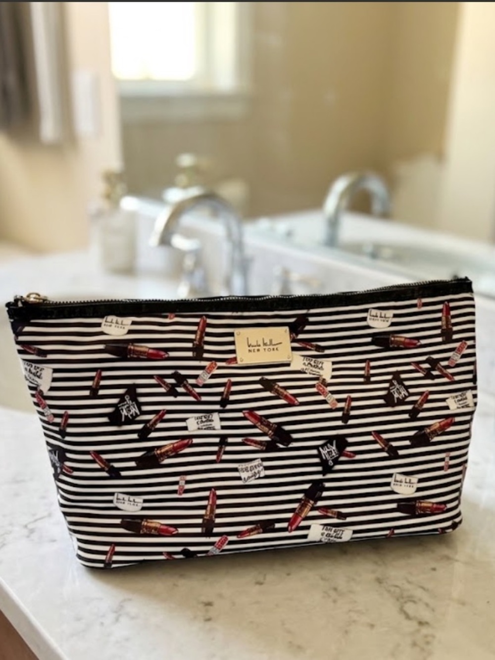 Nicole Miller Black & White Striped Cosmetic Pouch